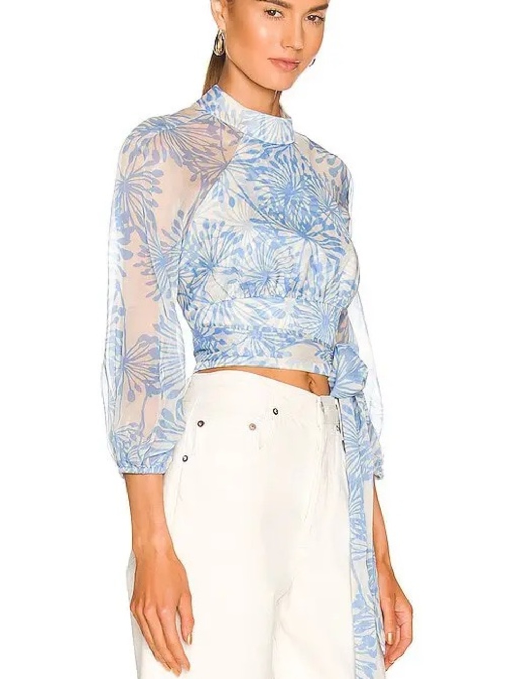 Amanda Uprichard Light Blue Floral Sheer Tie-Waist Crop Top Size S - Picture 2 of 16